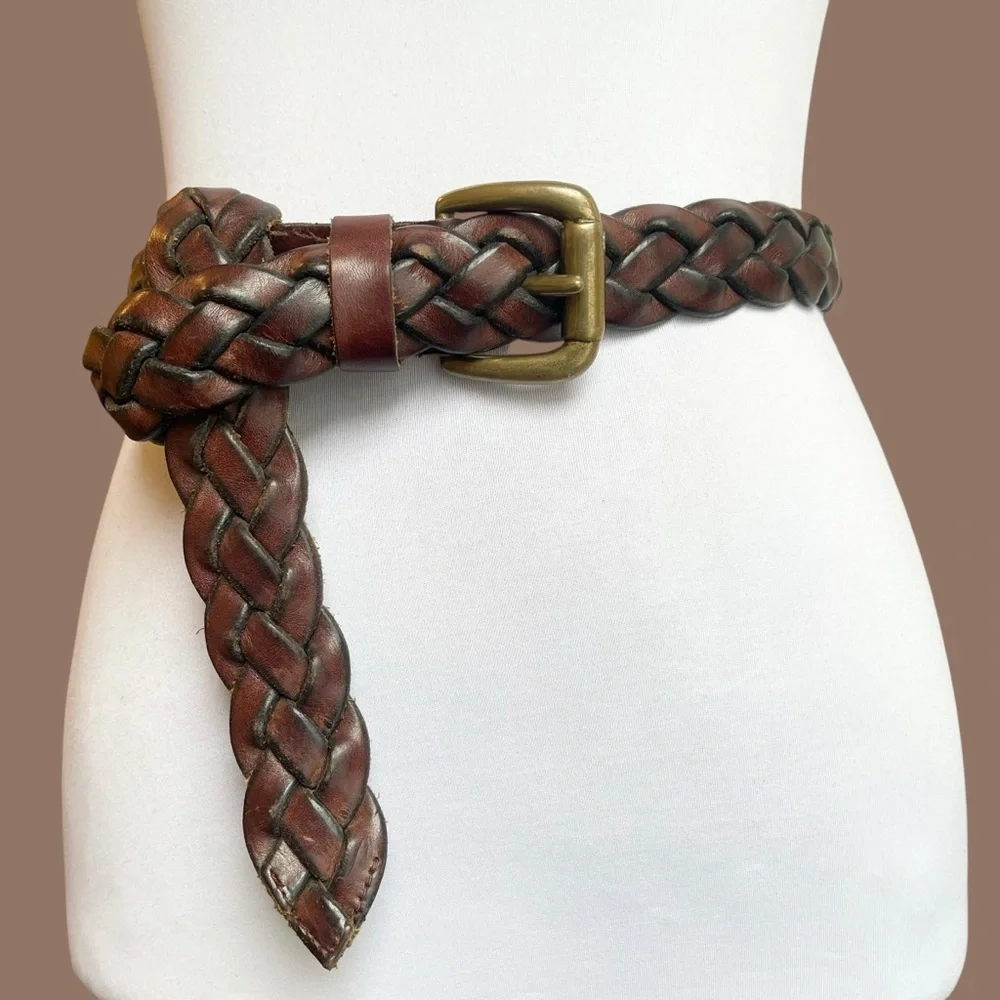 Brown Braided Leather Belt Square Buckle Chunky 90s Size L